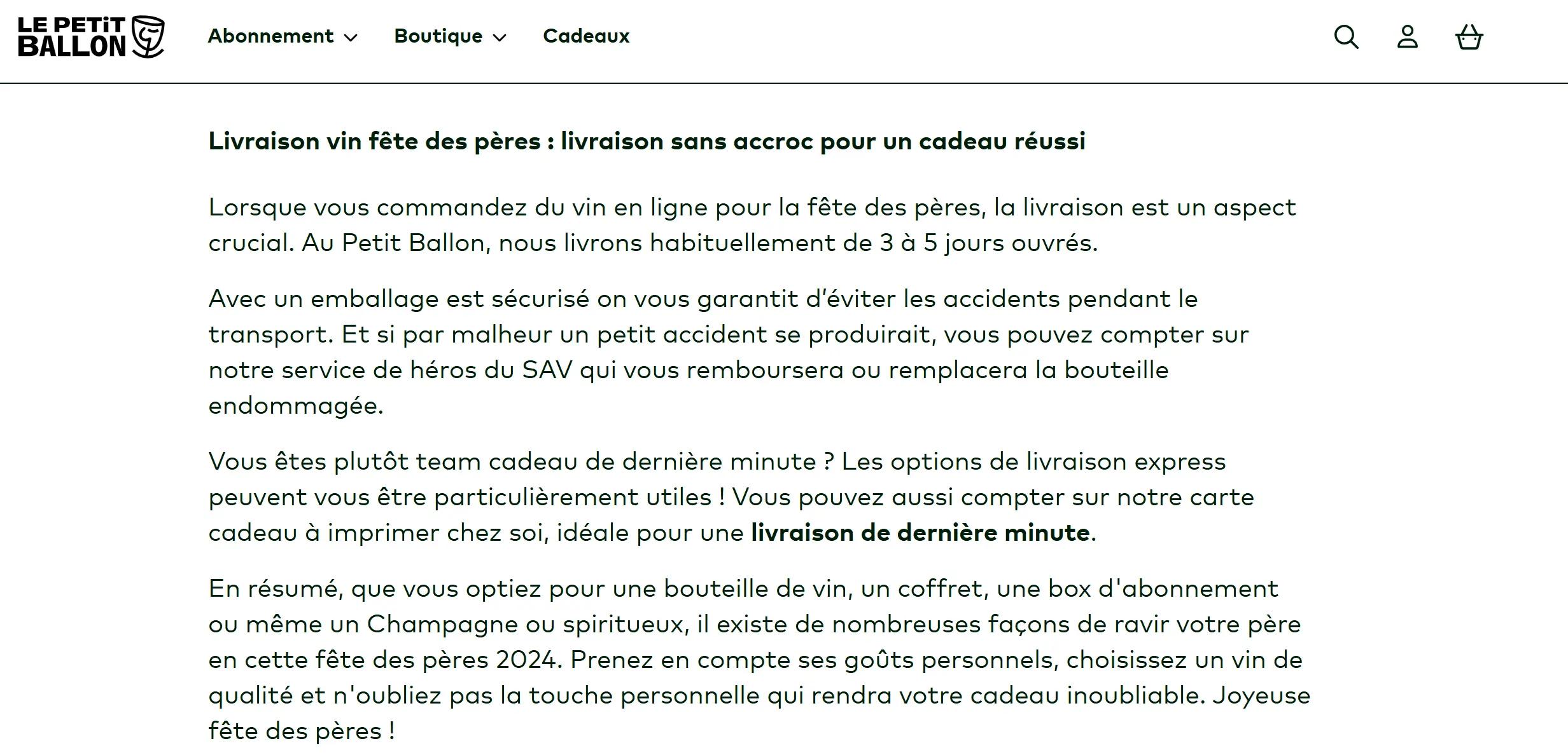 Extrait du site Le Petit Ballon présentant les options de livraison pour la fête des pères, avec garantie SAV, livraison en 3 à 5 jours, et carte cadeau imprimable pour les cadeaux de dernière minute.
