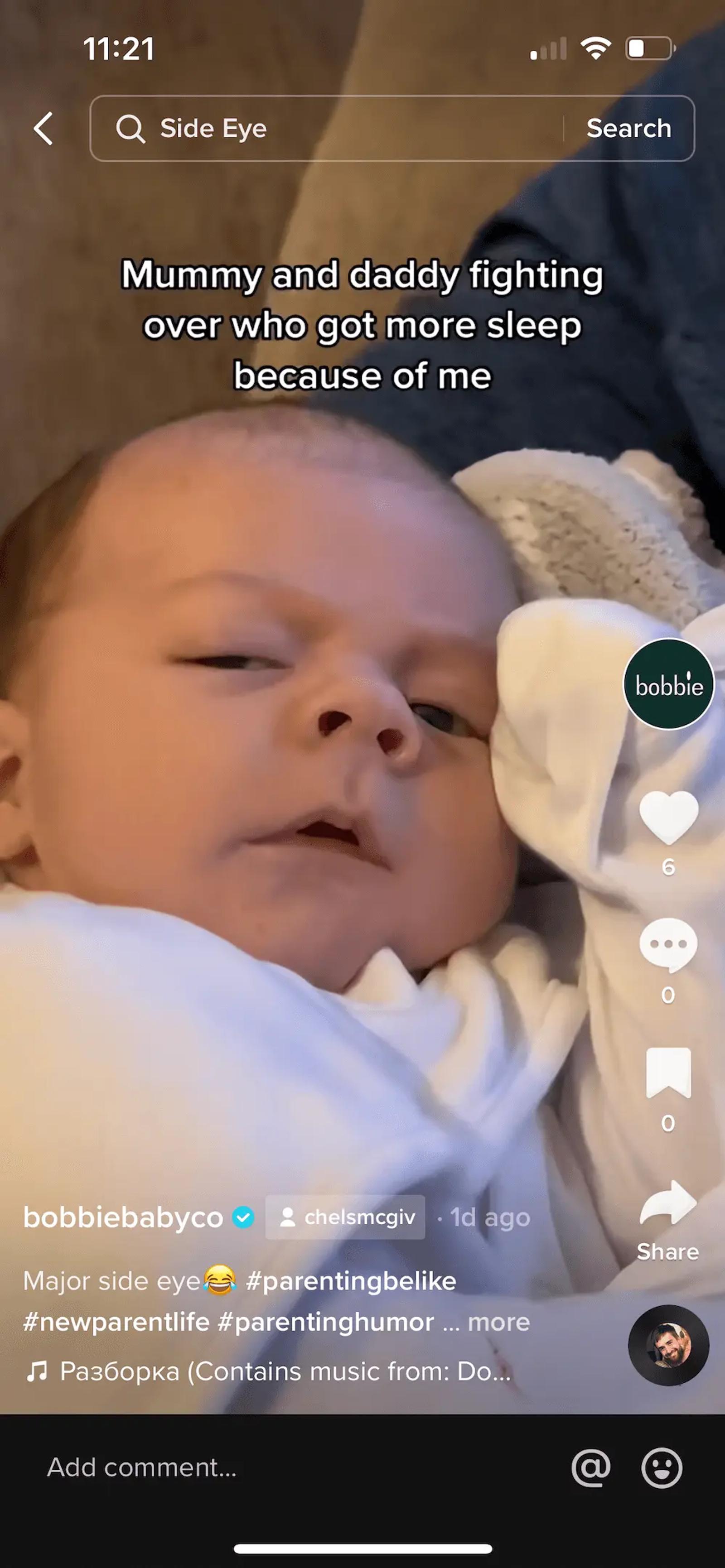 Image shows a funny TikTok from formula Brand Bobbie
