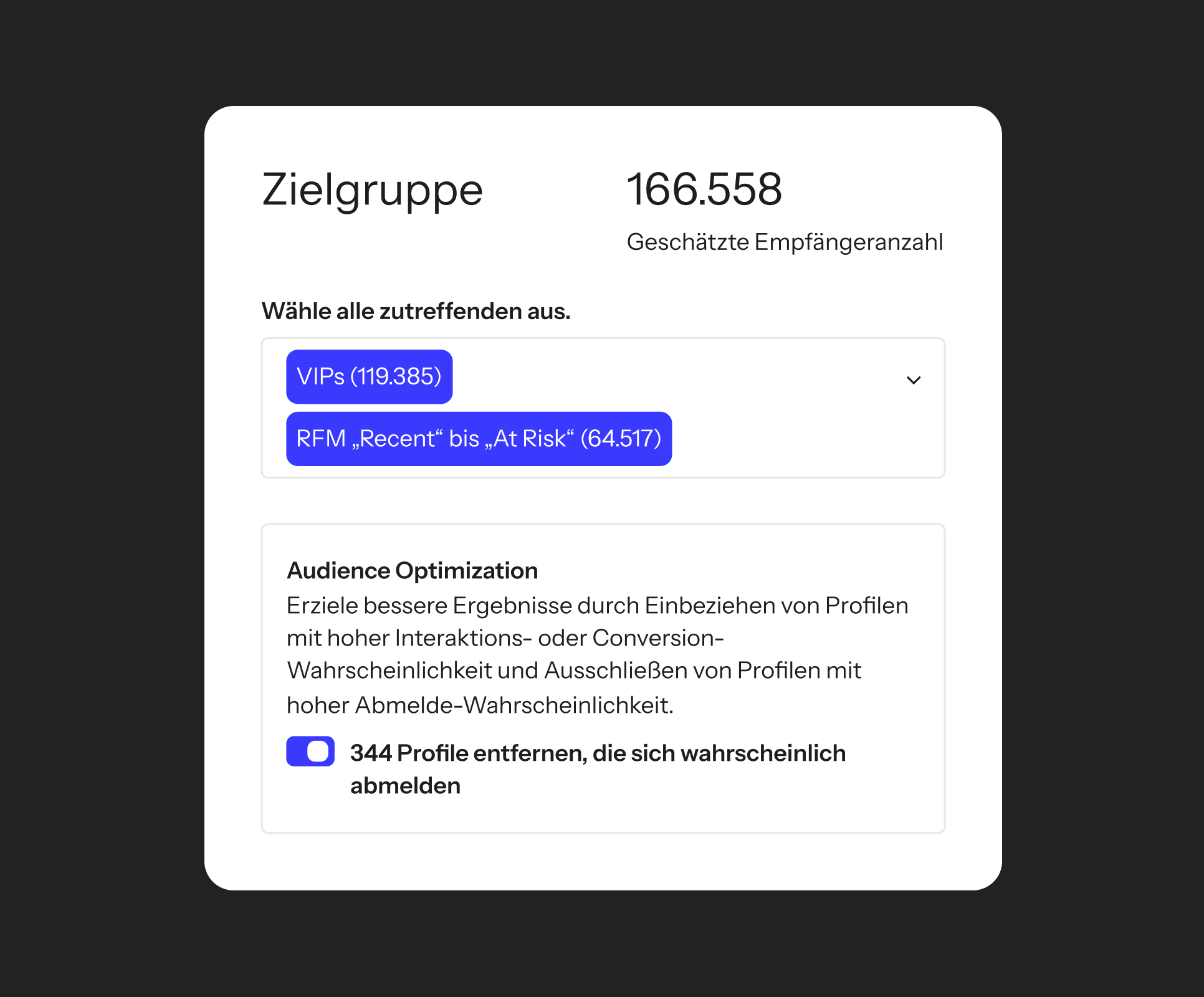 The Klaviyo audience panel showing two selected segments — VIPs (119,385) and RFM recent to at risk (64,517) — with an estimated recipient count of 166,558. An "Audience optimization" toggle is enabled to automatically remove 344 profiles likely to unsubscribe.