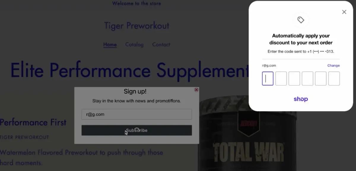 Anmeldeformular für Newsletter mit E-Mail-Eingabe und Abonnieren-Button. Popup zur Eingabe eines Rabattcodes.
