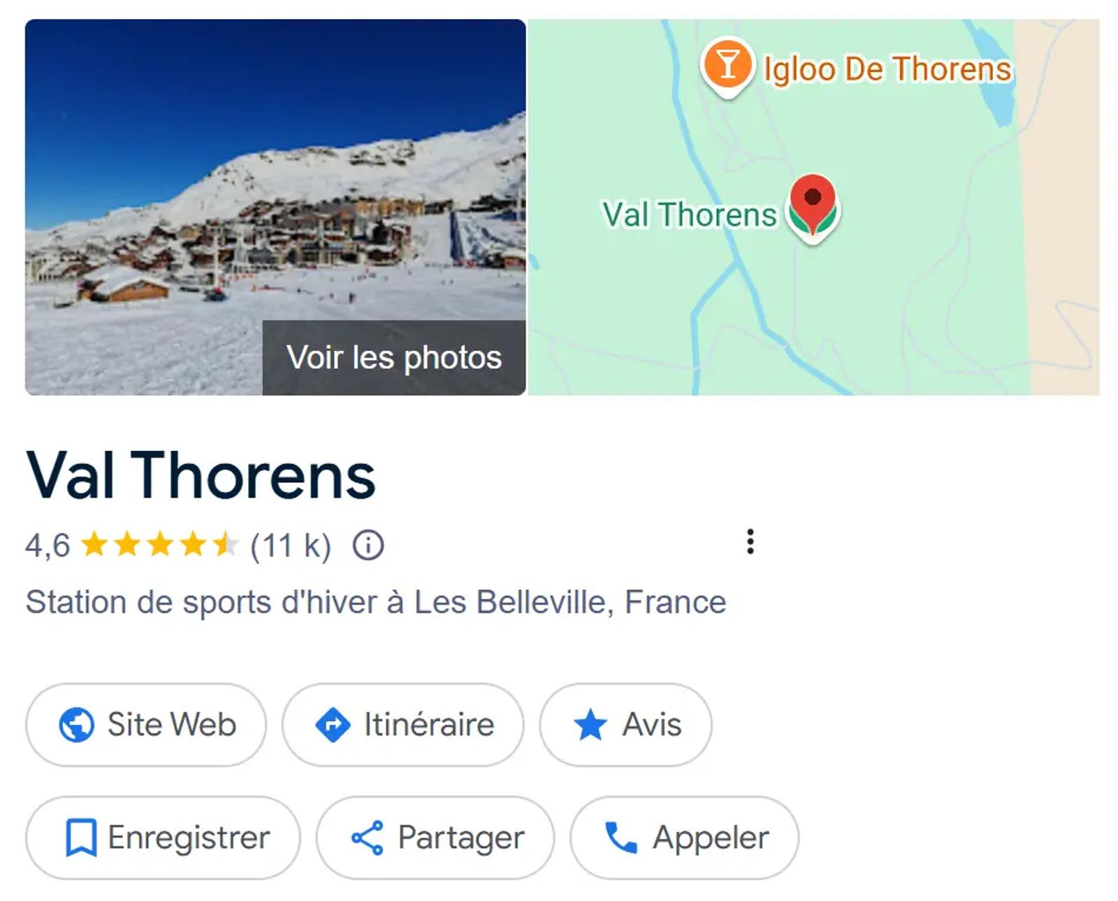 Fiche Google My Business de la station Val Thorens, notée 4,6 étoiles sur 11 000 avis. Une carte et une image montrent la station avec les montagnes enneigées en arrière-plan.