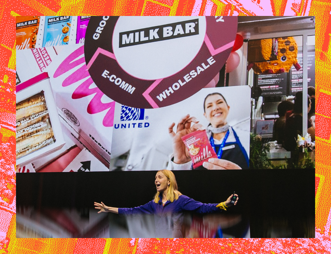 A composite image showing Milk Bar branding, products, and a United Airlines partnership in the top half, with a woman speaking on stage in the bottom half.