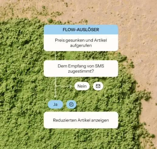 SMS-Marketing-Flow-Diagramm mit Entscheidungsbaum: Preis gesunken, SMS-Zustimmung, reduzierten Artikel anzeigen.