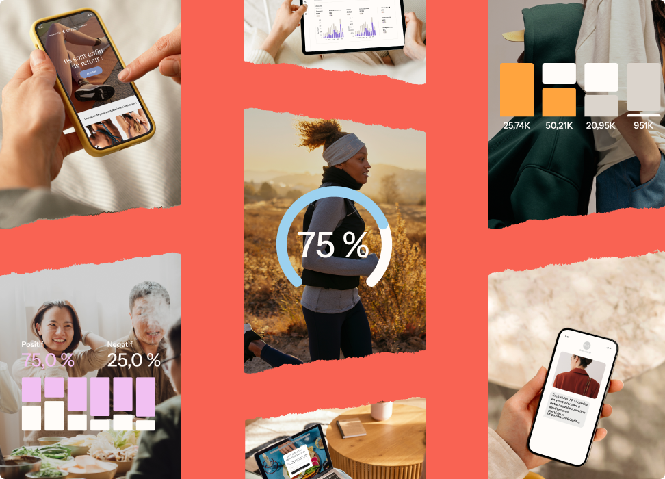 A collage of digital screens displaying various apps for e-commerce, fitness tracking, data analytics, and social media.