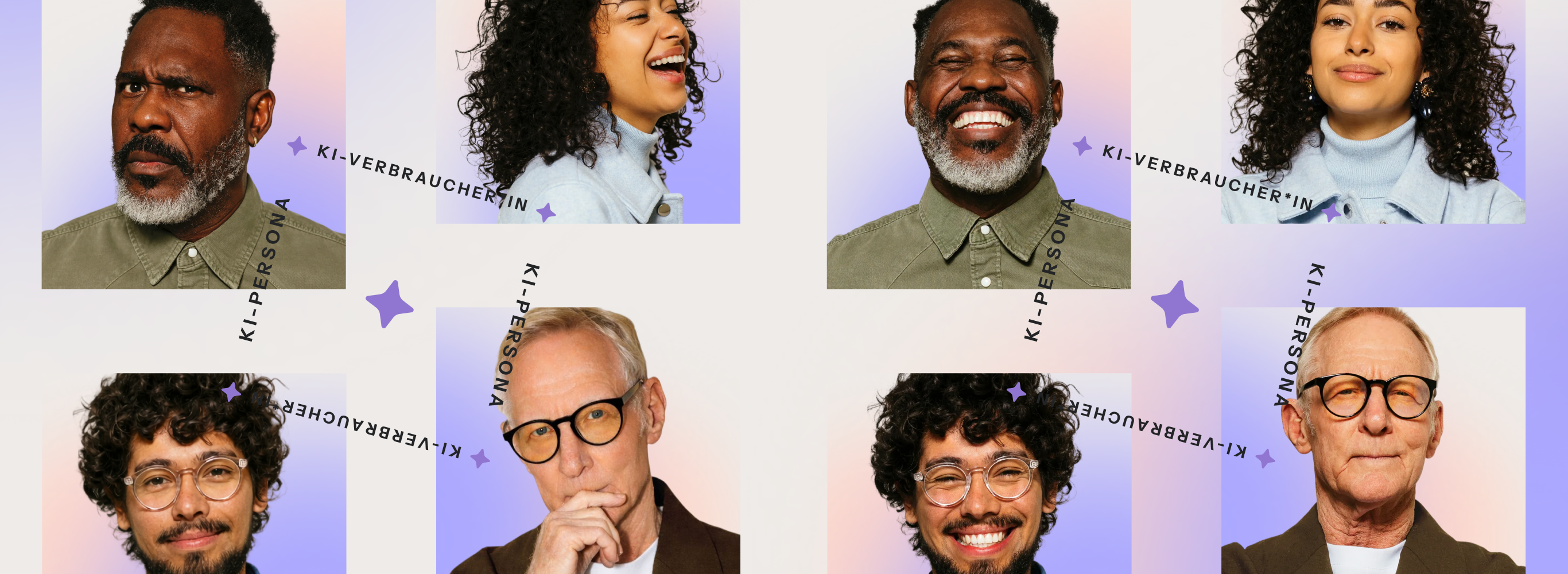 Ein sich wiederholendes Muster mit Porträtfotos, die die einzelnen Ai-Kundenpersönlichkeiten darstellen.