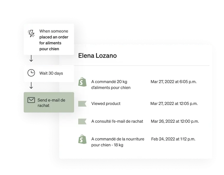 Klaviyo product screen showing that someone can send an email to a customer to repurchase dog food based on their last dog food purchase