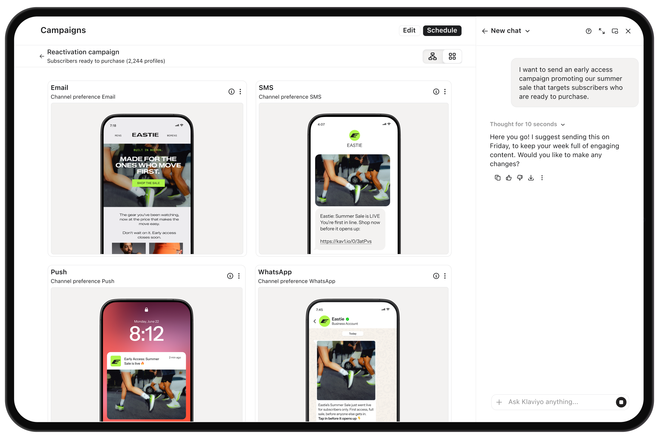 Campaign dashboard showing email, SMS, push, and WhatsApp previews alongside an AI chat assistant.