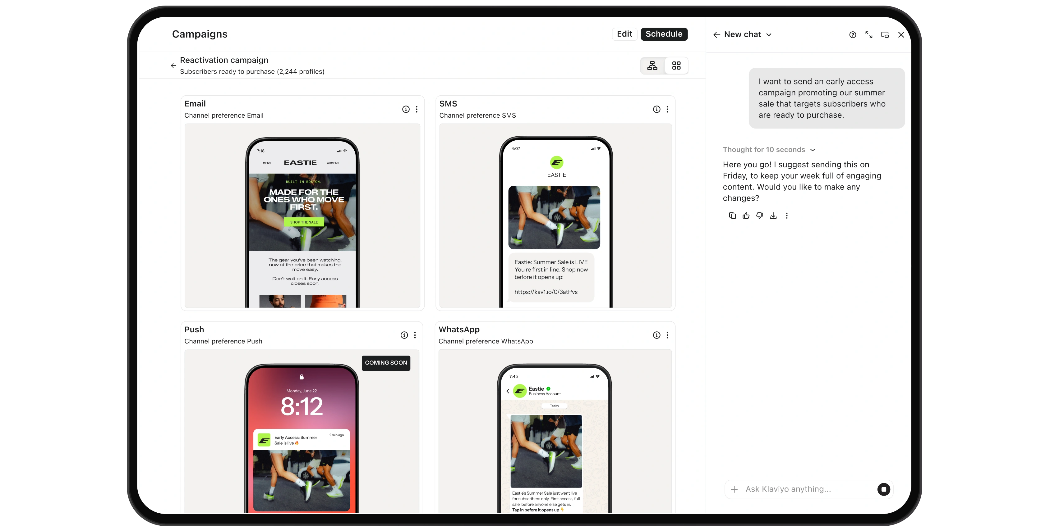 Campaign dashboard showing email, SMS, push, and WhatsApp previews alongside an AI chat assistant.