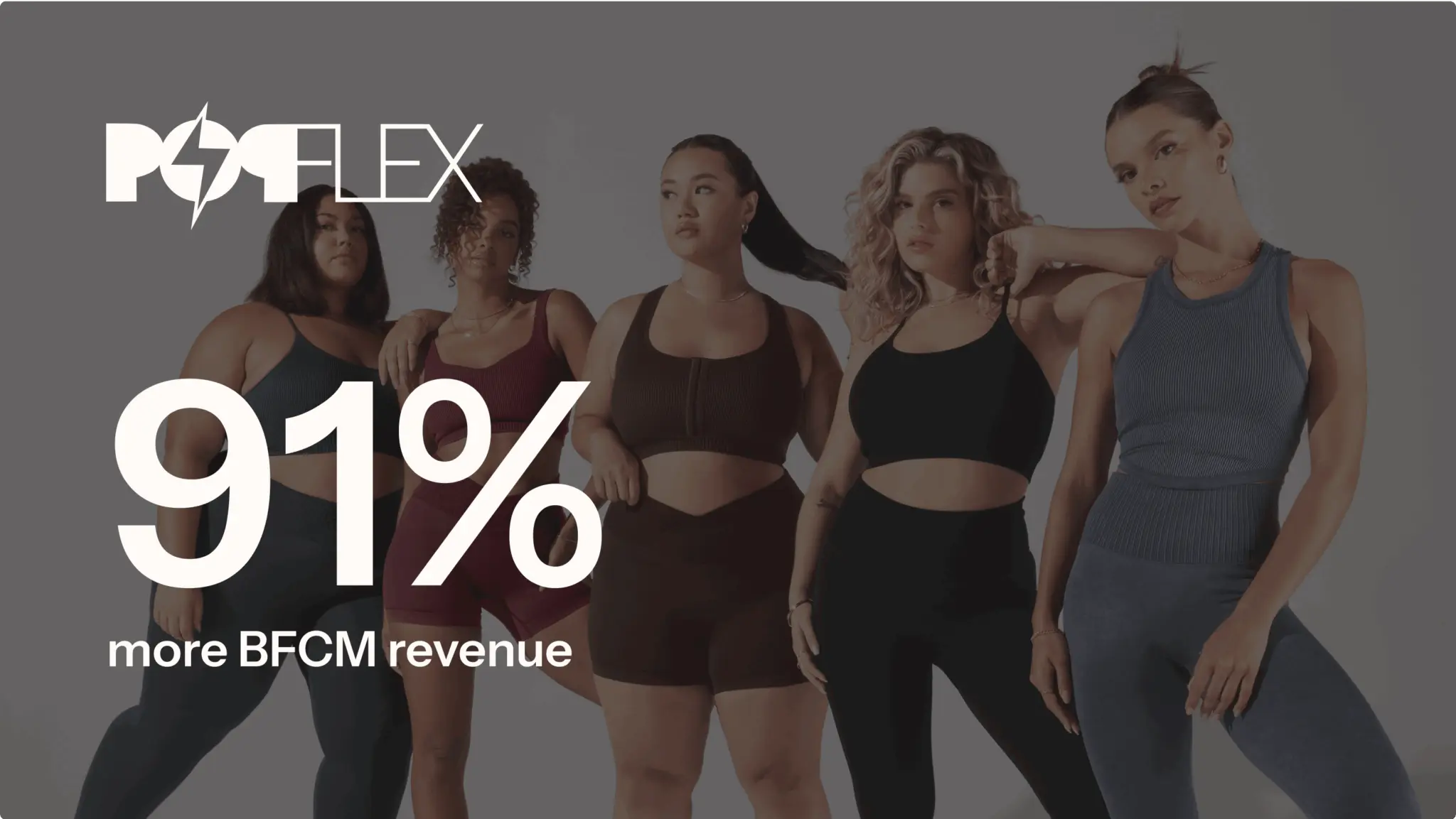 Five women in activewear pose confidently. Text overlay reads "POPFLEX 91% more BFCM revenue.