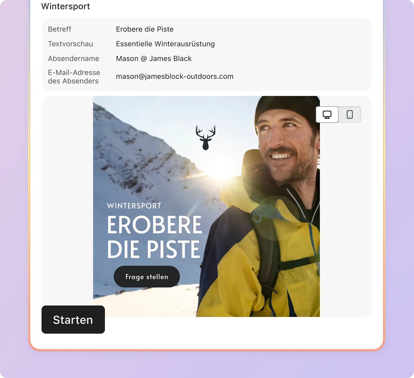 Ein Mann in Winterkleidung lächelt vor einer verschneiten Berglandschaft. Text: "Wintersport Erobere die Piste".