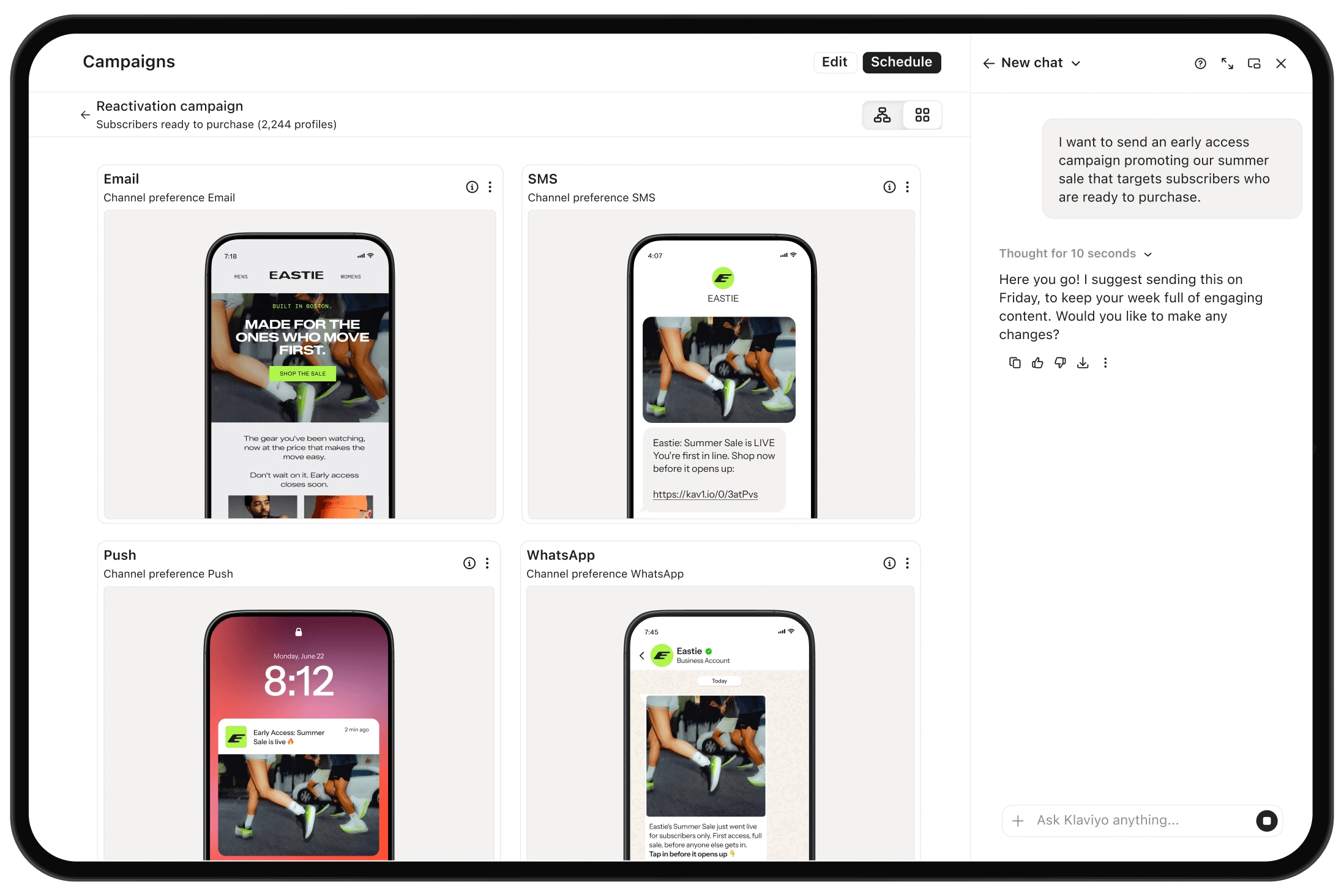 Campaign editor showing email, SMS, push, and WhatsApp previews alongside an AI chat assistant.
