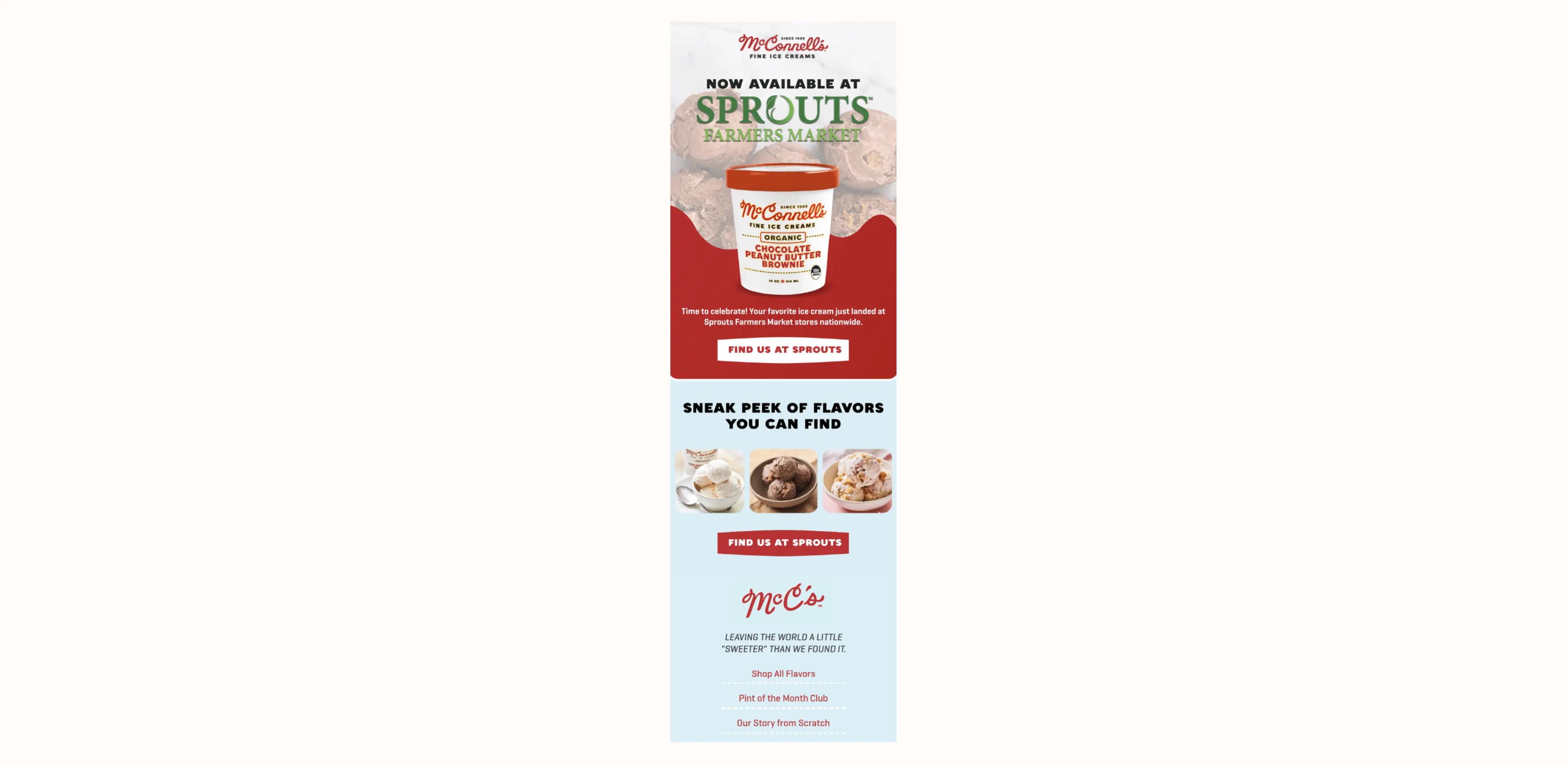 Image shows a co-branded promotional campaign from McConnell’s Fine Ice Creams announcing that the ice cream is now available at Sprouts Farmers Market. The email features a product shot of a tub of ice cream, two CTAs that read “find us at Sprouts,” and the copy “sneak peek of flavors you can find” over several images of ice cream scooped into bowls.