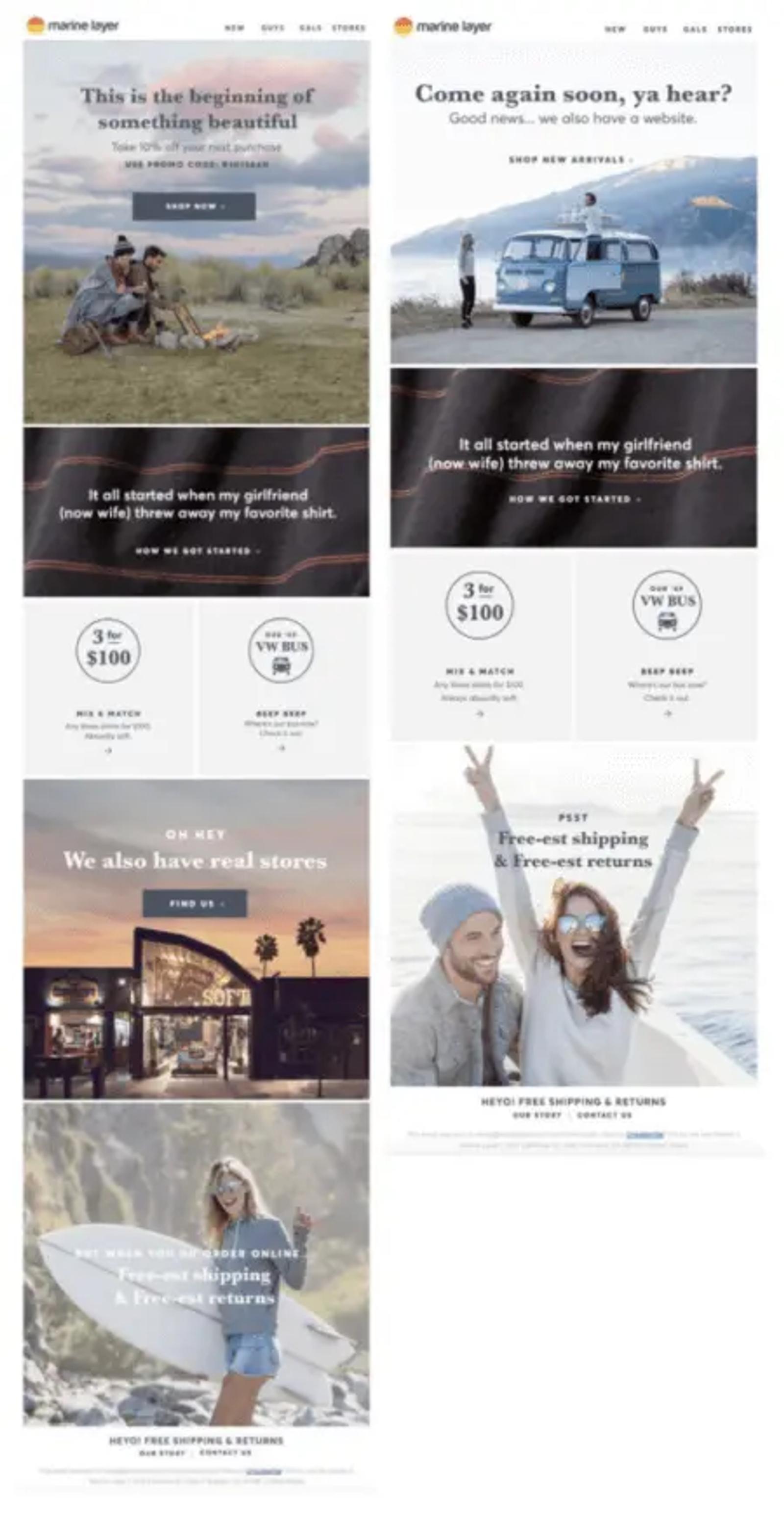 Image shows two different welcome flows from apparel brand Marine Layer, side by side. On the left is a welcome series tailored to online customers, which includes a discount code for 10% off and a CTA button subscribers can click on to find their local store. On the right is a welcome series tailored to in-store customers, which introduces the brand’s website and includes a section outlining their free shipping and returns policies.