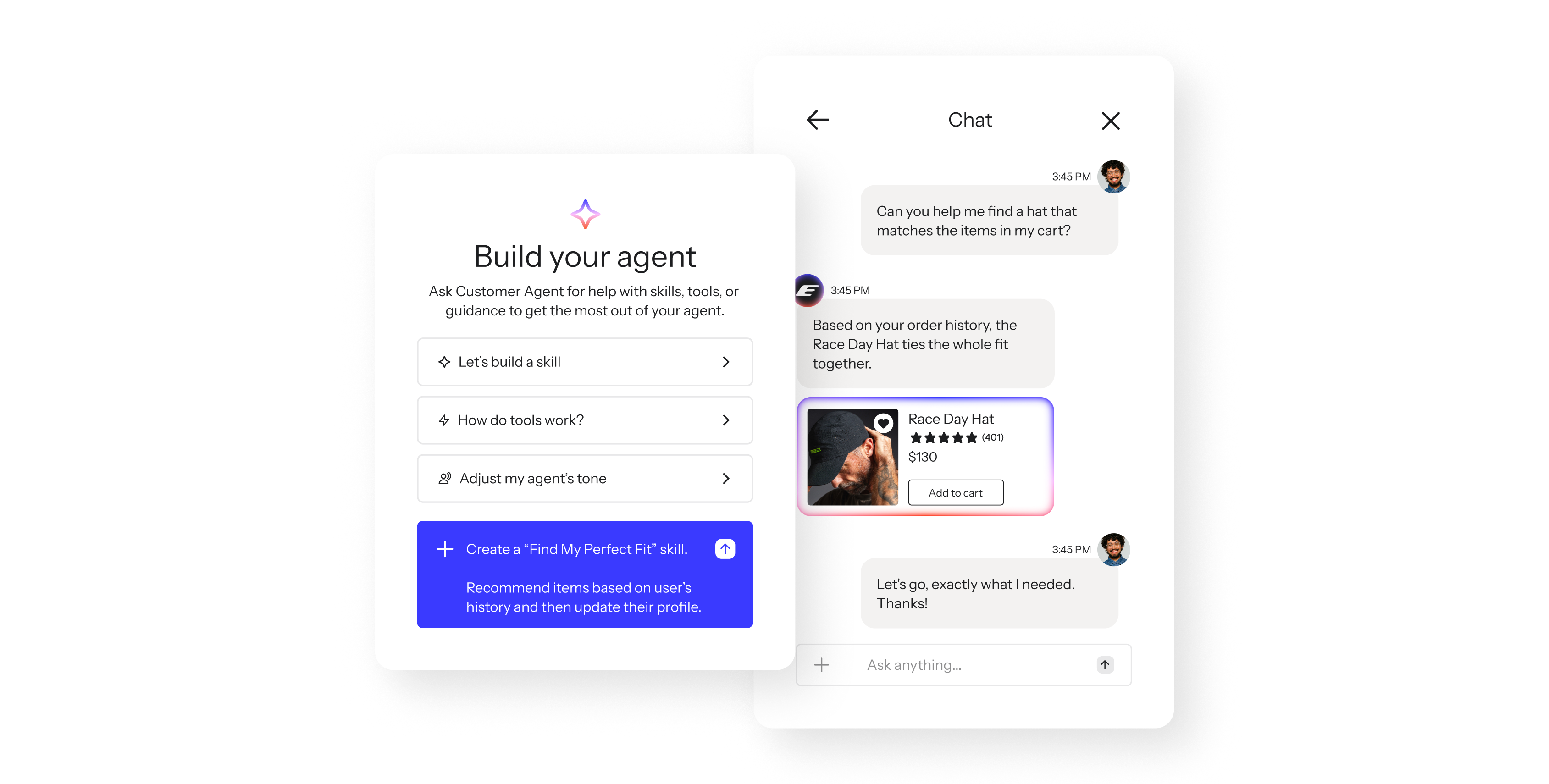Agent-building interface beside a customer chat recommending a Race Day Hat based on order history.