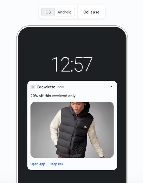 An Android phone screen displays a Brewlette notification offering "20% off" with an image of a person in a puffer vest, and "Open App" and "Deep link" options.