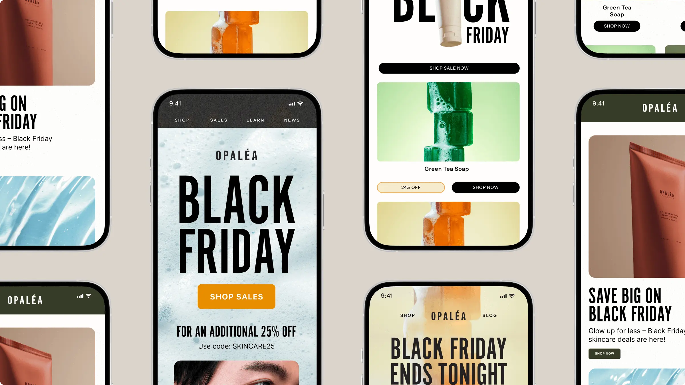 Smartphone screens displaying Opaléa Black Friday sales promotions, featuring skincare products and discount offers.
