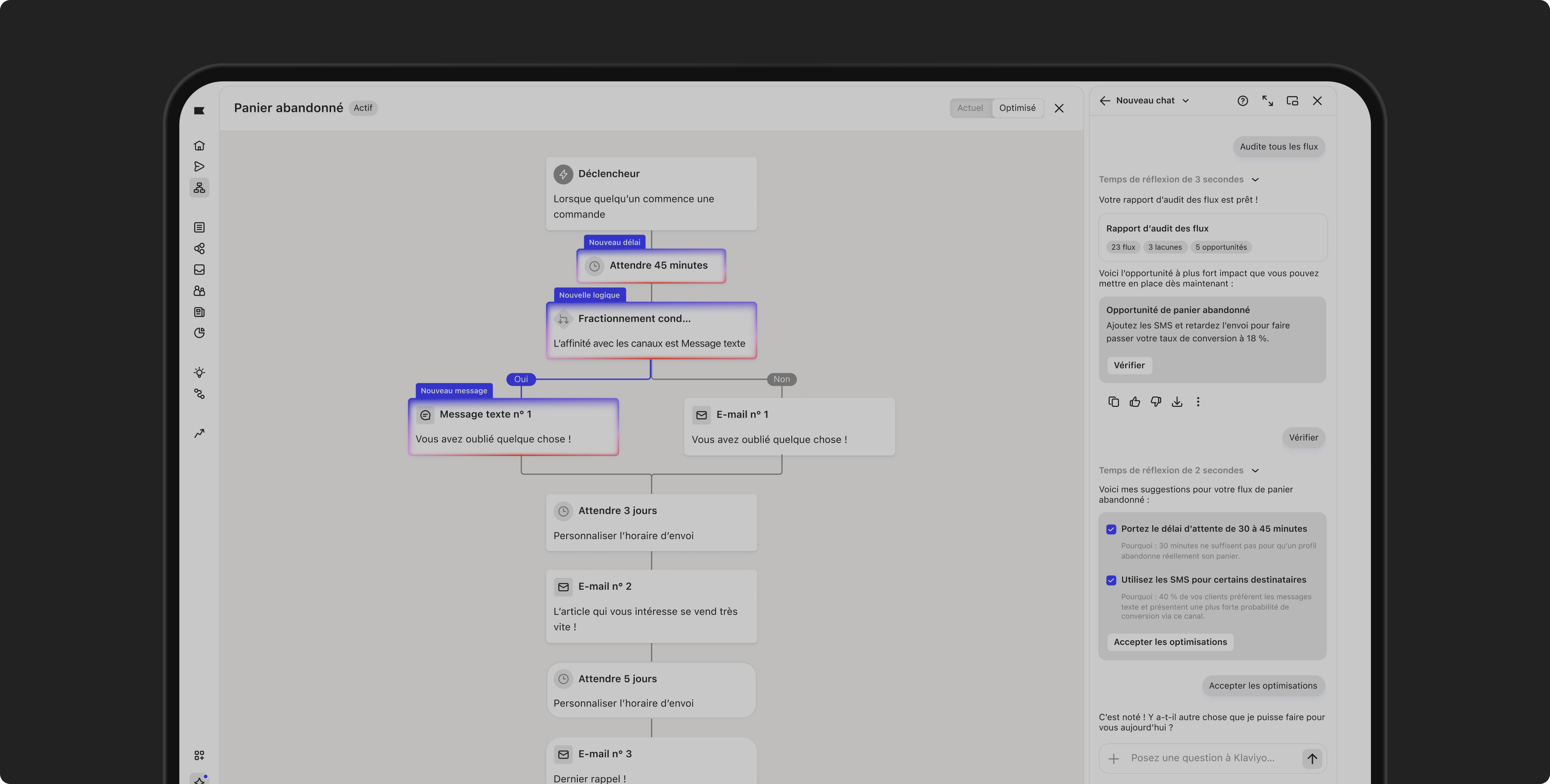 A digital interface showing an abandoned cart marketing automation workflow flowchart, including email and text message steps, with an optimization sidebar.