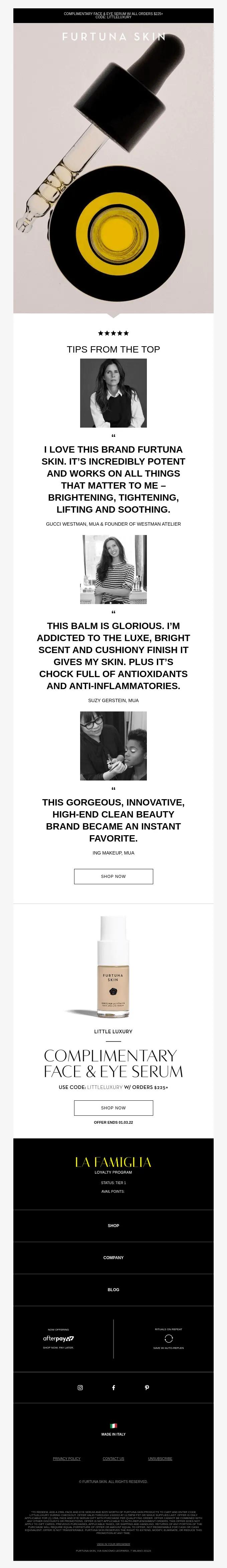 email from fortuna filled with customer testimonials about a face oil