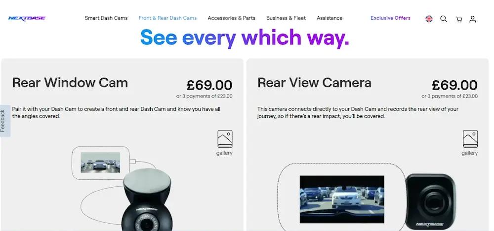 Nextbase webpage showcasing Rear Window Cam and Rear View Camera, each priced at £69.00.