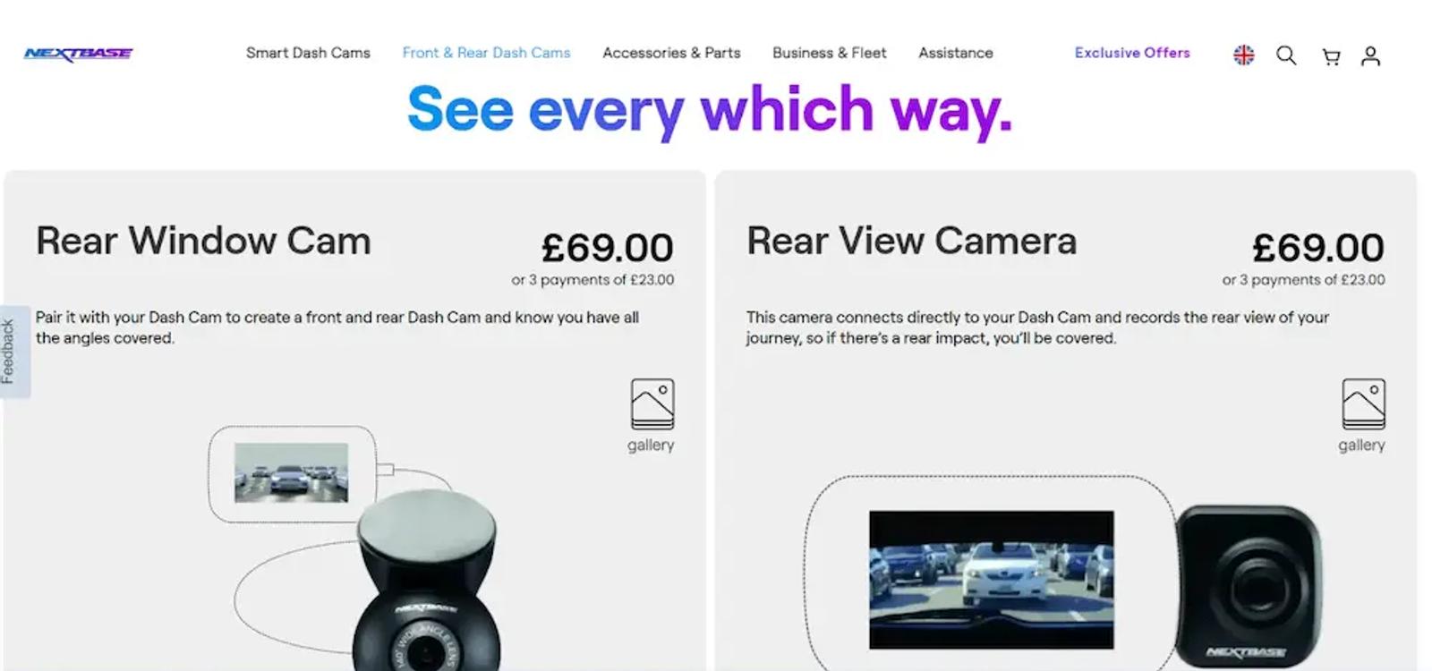 Nextbase webpage showcasing Rear Window Cam and Rear View Camera, each priced at £69.00.