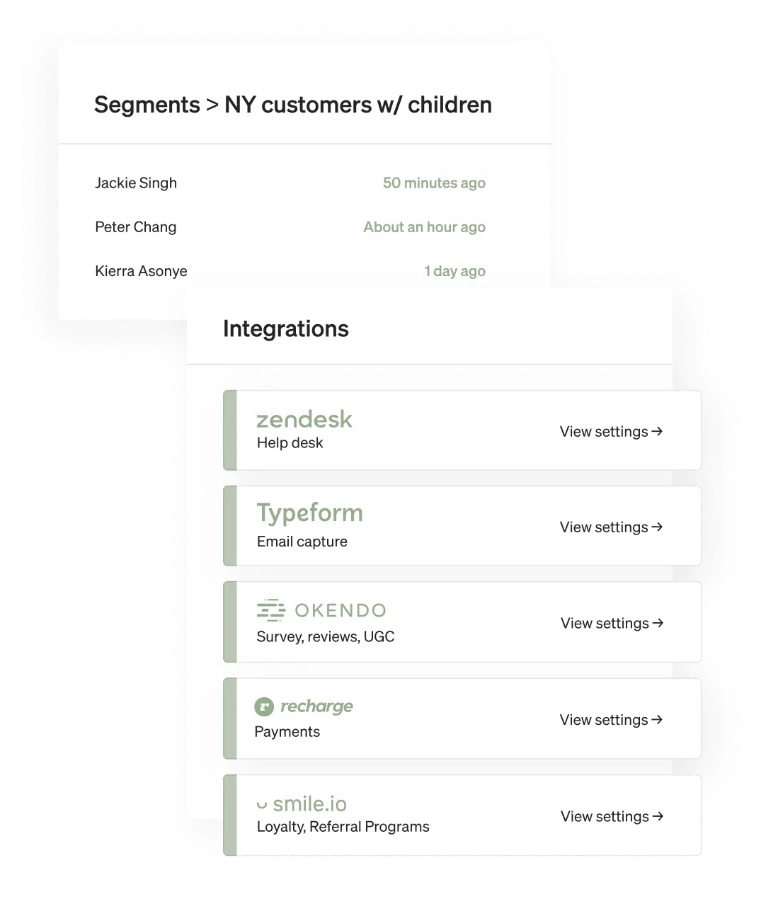 Two snapshots of the Klaviyo dashboard offer a look into a user’s “NY customers w/ children” segment and integrations