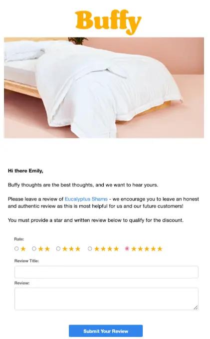 Image shows an email from Buffy requesting a review of a product that was bought.