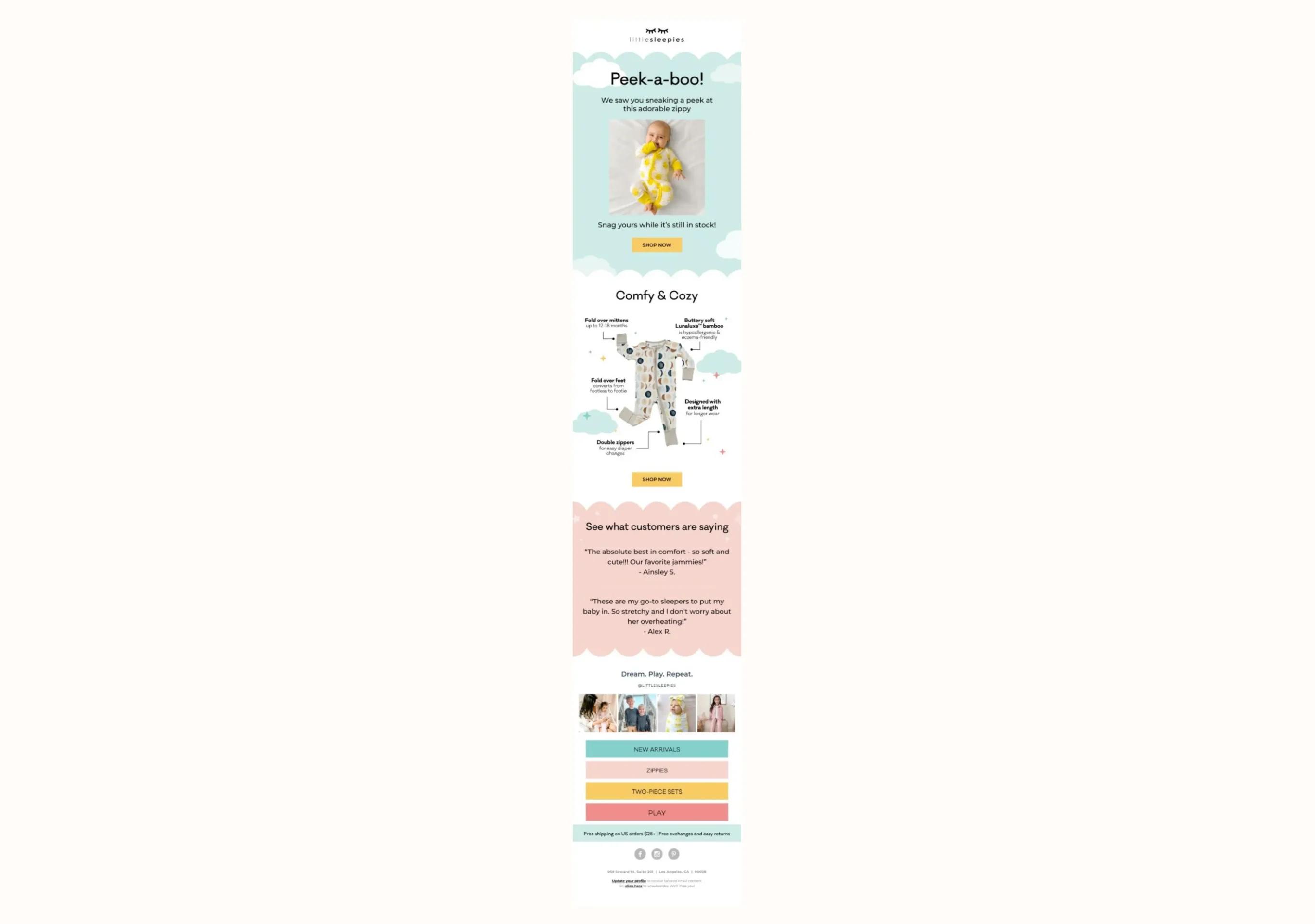 Promotional email for Little Sleepies featuring baby clothing. Includes product highlights, customer reviews, and shopping links.
