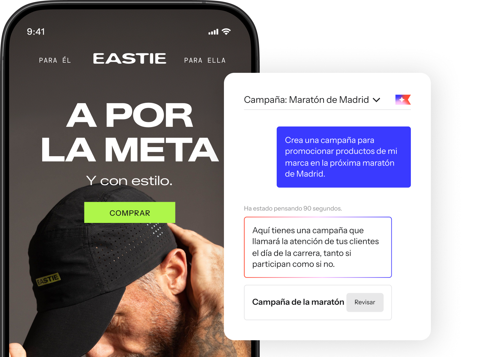 Klaviyo Composer generating a Boston Marathon campaign for Eastie, alongside a phone preview of the finished email