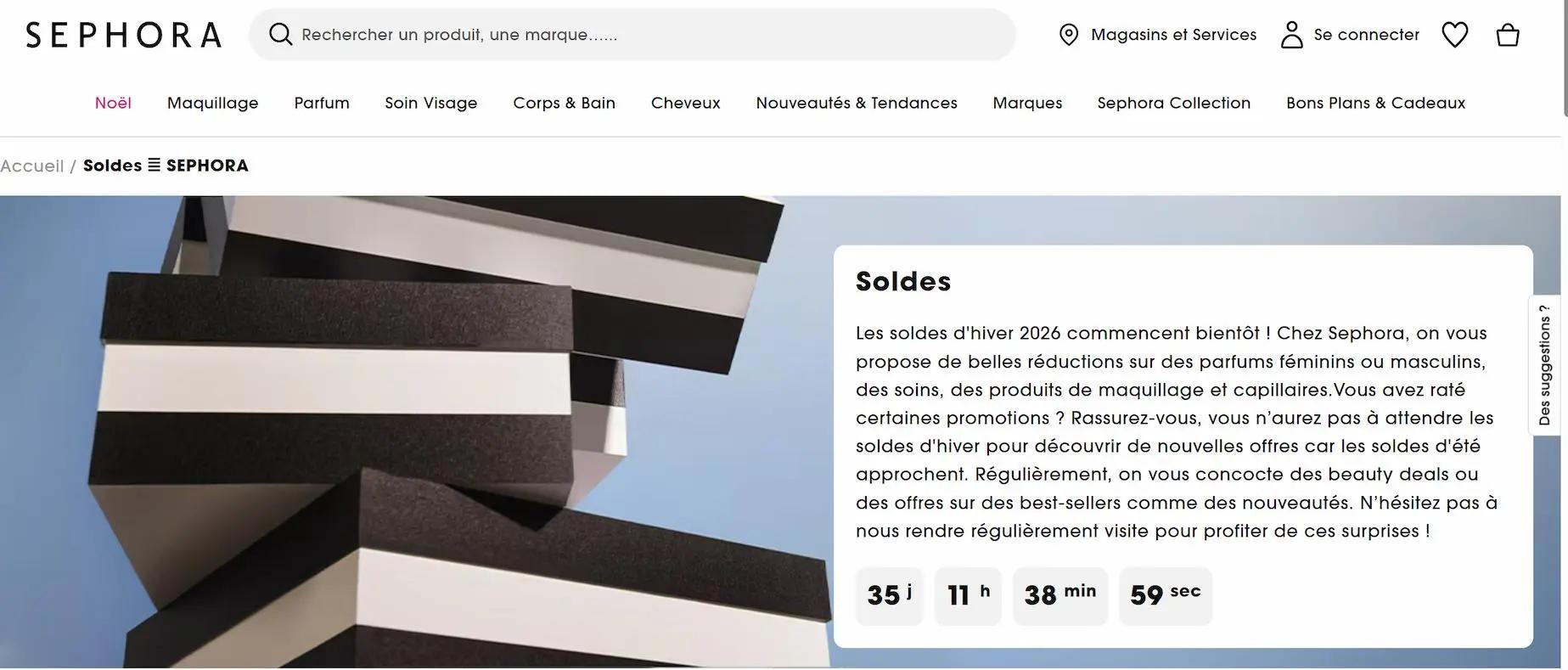 page Soldes Sephora affichant un compte à rebours avant les soldes d’hiver 2026, accompagnée d’un message introductif et de mises en avant produits.