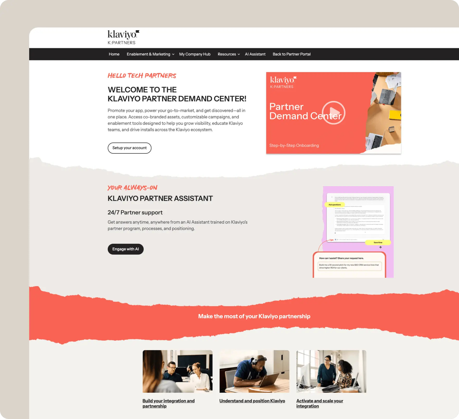 Klaviyo Partner Demand Center webpage showcasing features like 24/7 AI support, onboarding, and integration tools for tech partners.