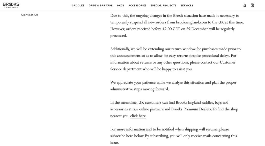 Brooks England Brexit Shipping Notice