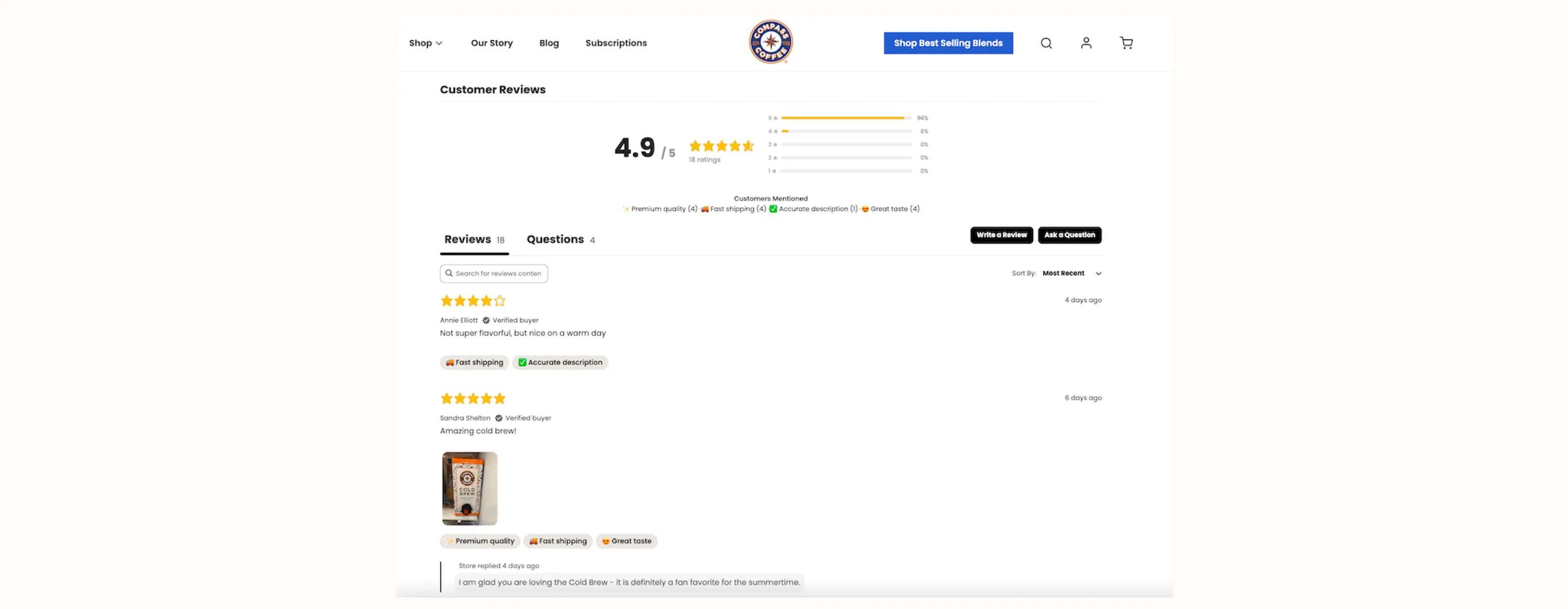 A website with a 4.9 out of 5 star rating, with 5 corresponding stars filled in with yellow to reflect the high rating. Underneath are customer two customer reviews, one that gives 4 stars and the other that gives 5 stars. One review includes an image of a box of cold brew coffee and underneath are tags that say, “Premium quality,” “fast shipping,” and “great taste.”