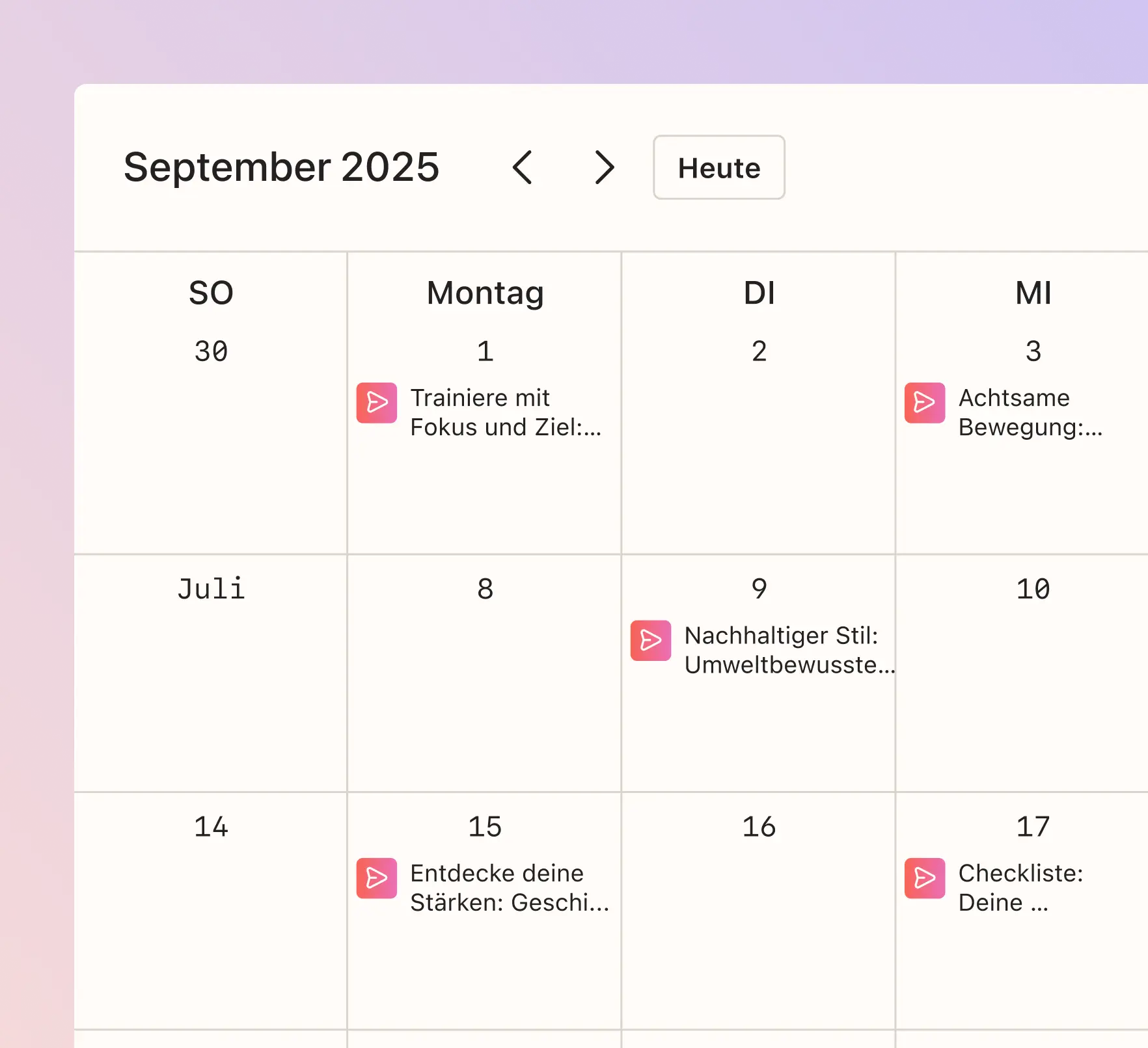 Kalenderansicht für September 2025 mit markierten Terminen am 1., 3., 9., 15. und 17.