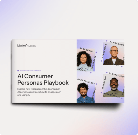 Klaviyo's "AI Consumer Personas Playbook" cover shows four diverse individuals representing AI Skeptic, Holdout, Enthusiast, and Evaluator personas.
