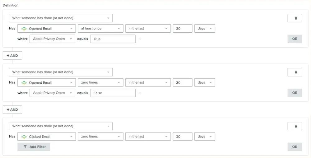 Image shows the second step of segmenting out Apple privacy opens in Klaviyo, removing the openers from your engaged segment.