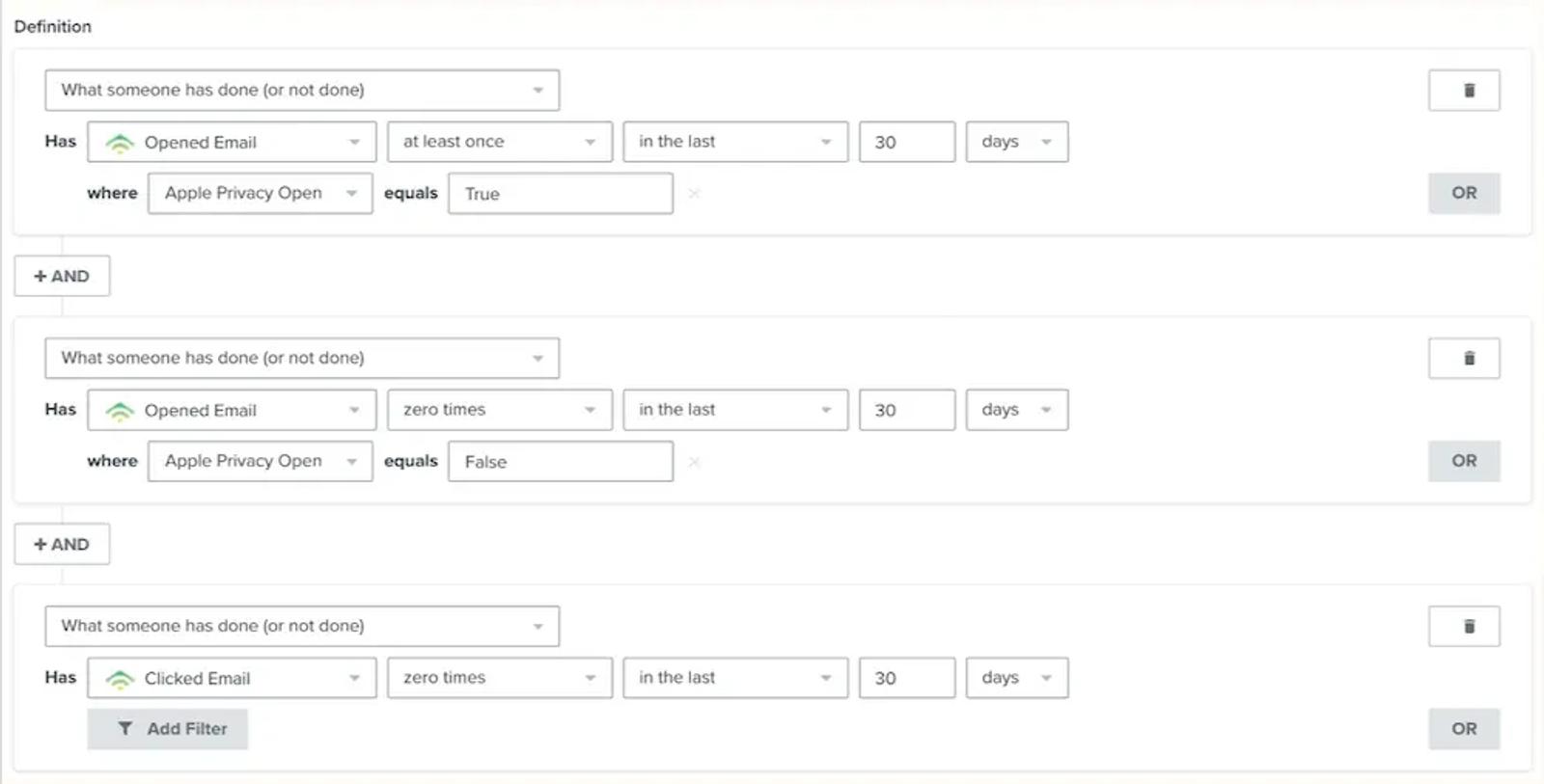 Image shows the second step of segmenting out Apple privacy opens in Klaviyo, removing the openers from your engaged segment.