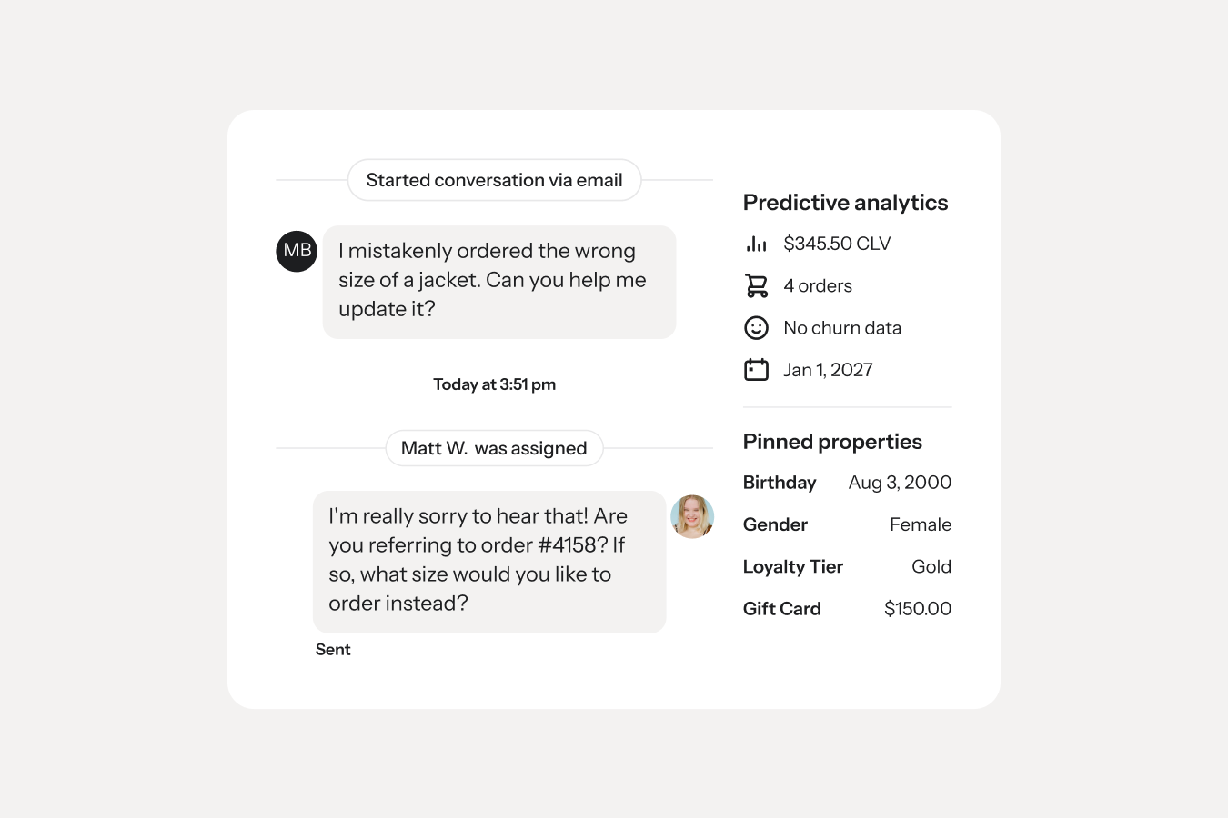 Customer support dashboard showing an email exchange about changing a jacket size, with customer analytics and properties.