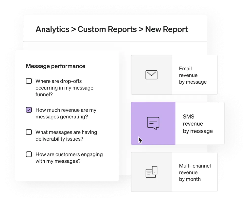 Klaviyo product screen showing the ability to create custom reports, with “SMS revenue by message” selected