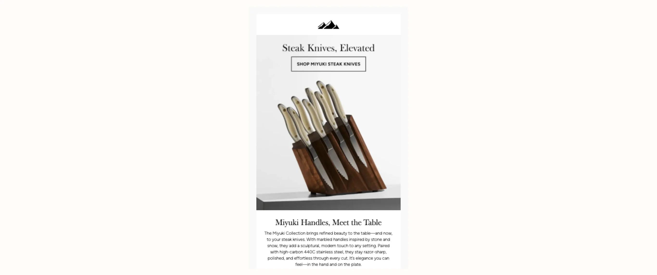 A set of steak knives with marbled handles in a wooden block. Text: "Steak Knives, Elevated. Shop Miyuki Steak Knives.