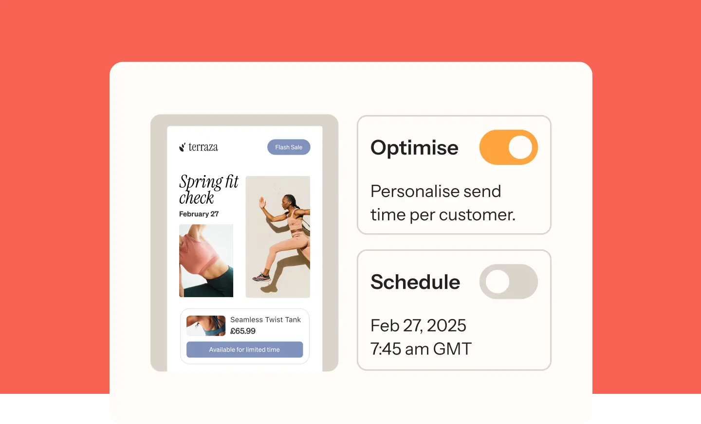 Email campaign preview for "Spring fit check" by Terraza, featuring a flash sale. Options to optimise and schedule are shown.