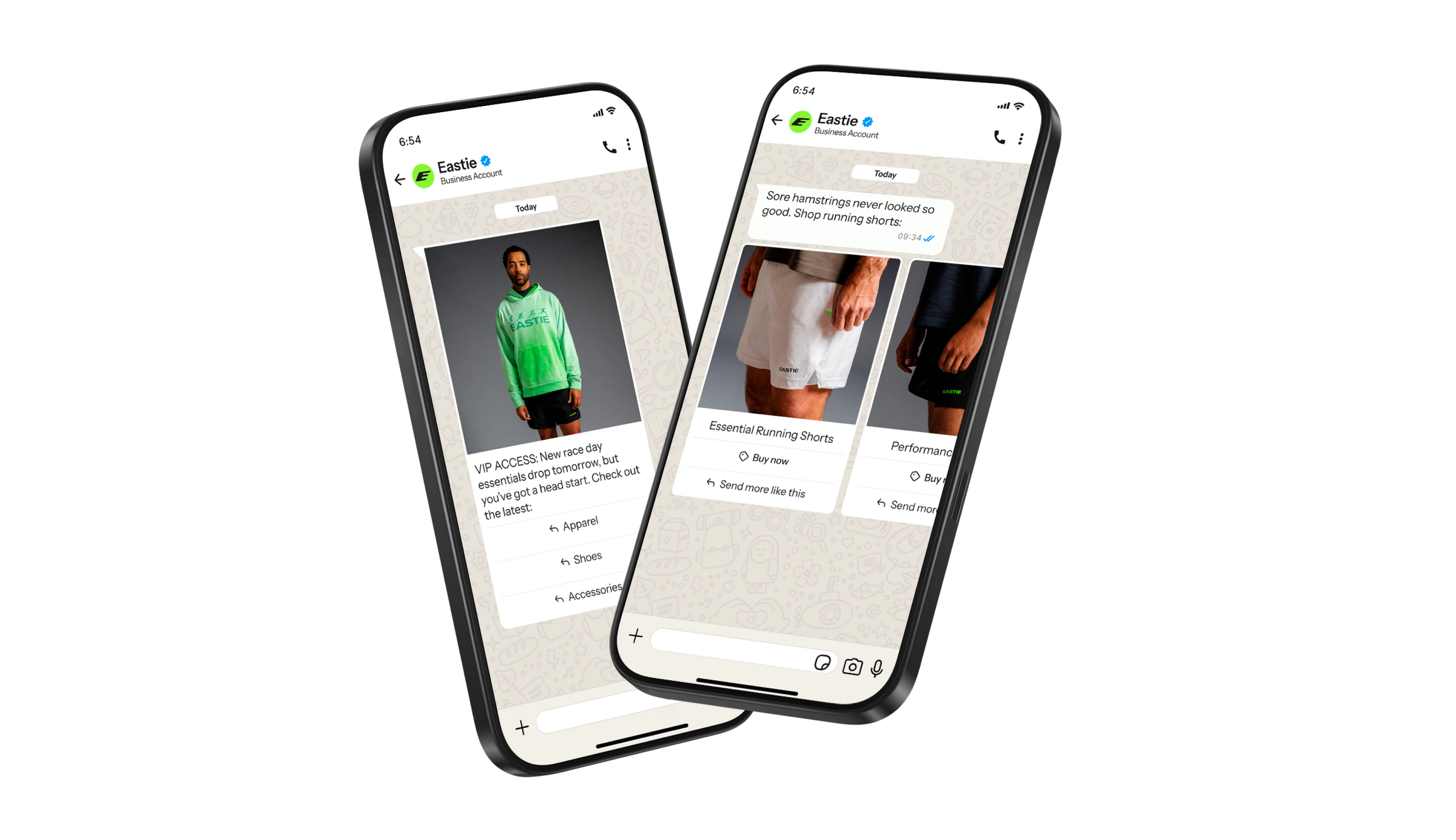 Two smartphones display an Eastie WhatsApp chat with personalized sportswear recommendations.