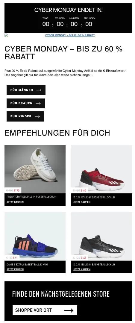 Adidas Cyber Monday Newsletter mit bis zu 60 % Rabatt. Bilder von vier verschiedenen Adidas-Schuhen mit Preisen und Kaufoptionen.