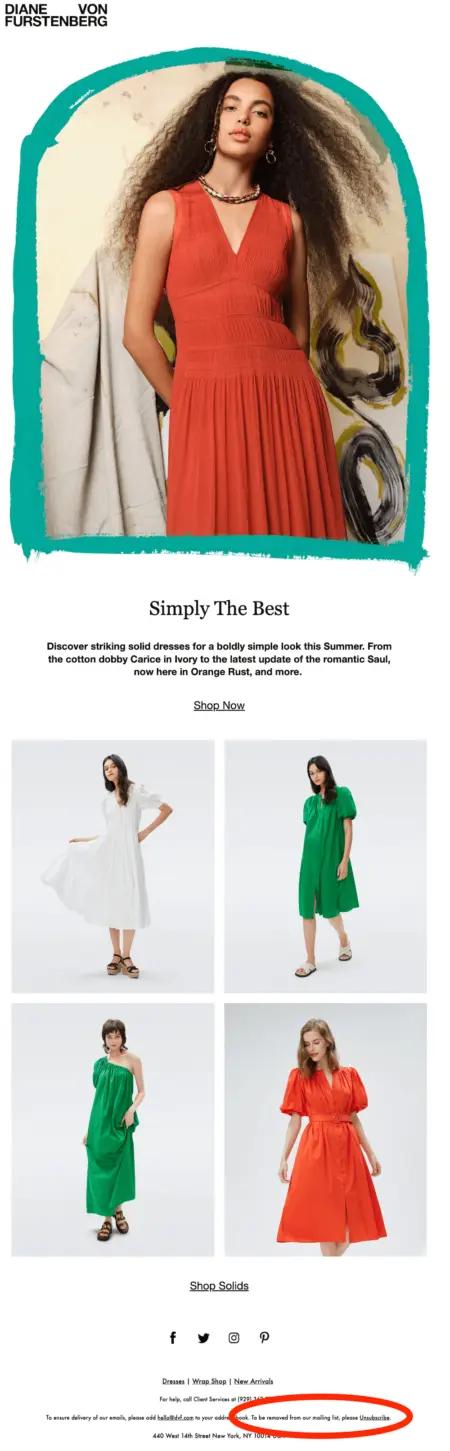 Image shows a marketing email from Diane Von Furstenburg, with the “unsubscribe” link circled in red. The brand uses a full sentence to make unsubscribing a little easier and clearer.