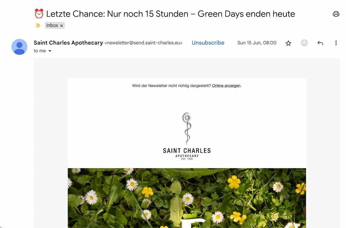 E-Mail von Saint Charles Apothecary mit Betreff: "Letzte Chance: Nur noch 15 Stunden – Green Days enden heute".