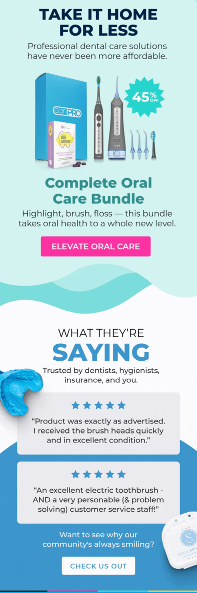 An advertisement for a CariPRO complete oral care bundle including an electric toothbrush, water flosser, and highlighting tablets, offering a 45% discount and featuring customer testimonials.