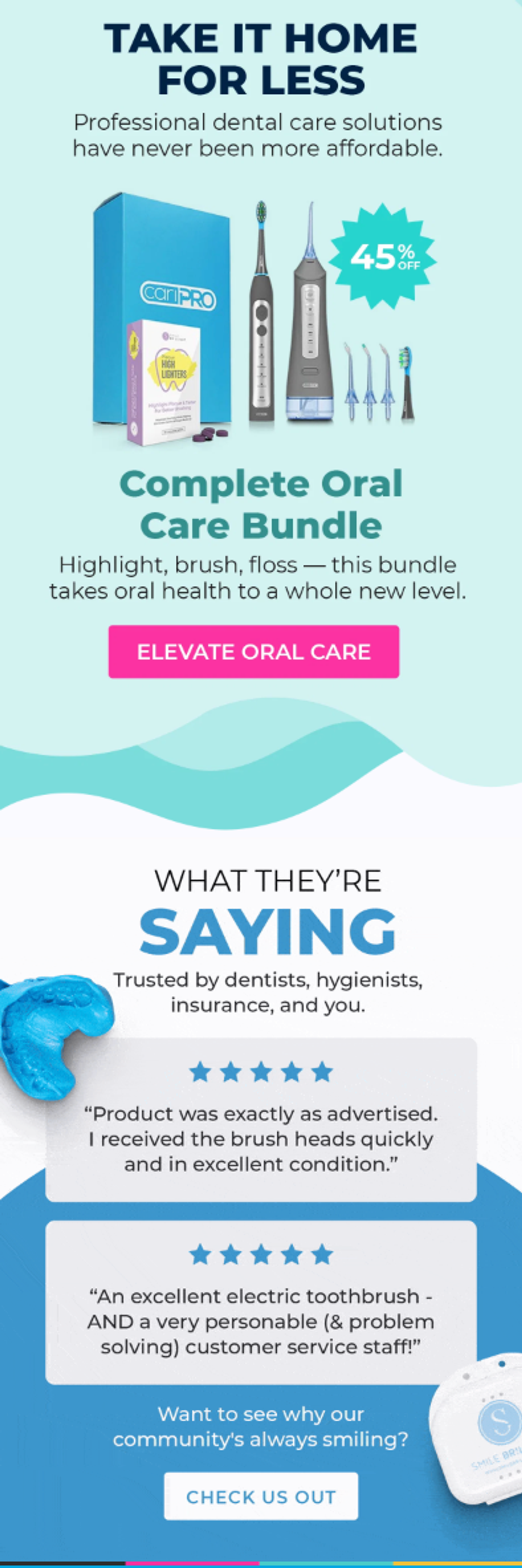 An advertisement for a CariPRO complete oral care bundle including an electric toothbrush, water flosser, and highlighting tablets, offering a 45% discount and featuring customer testimonials.