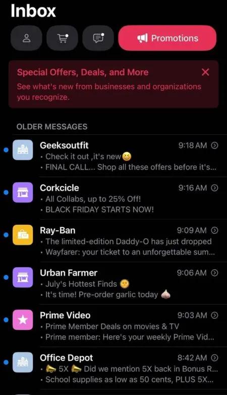 Image shows a series of emails in the promotions tab of an Apple Mail inbox.