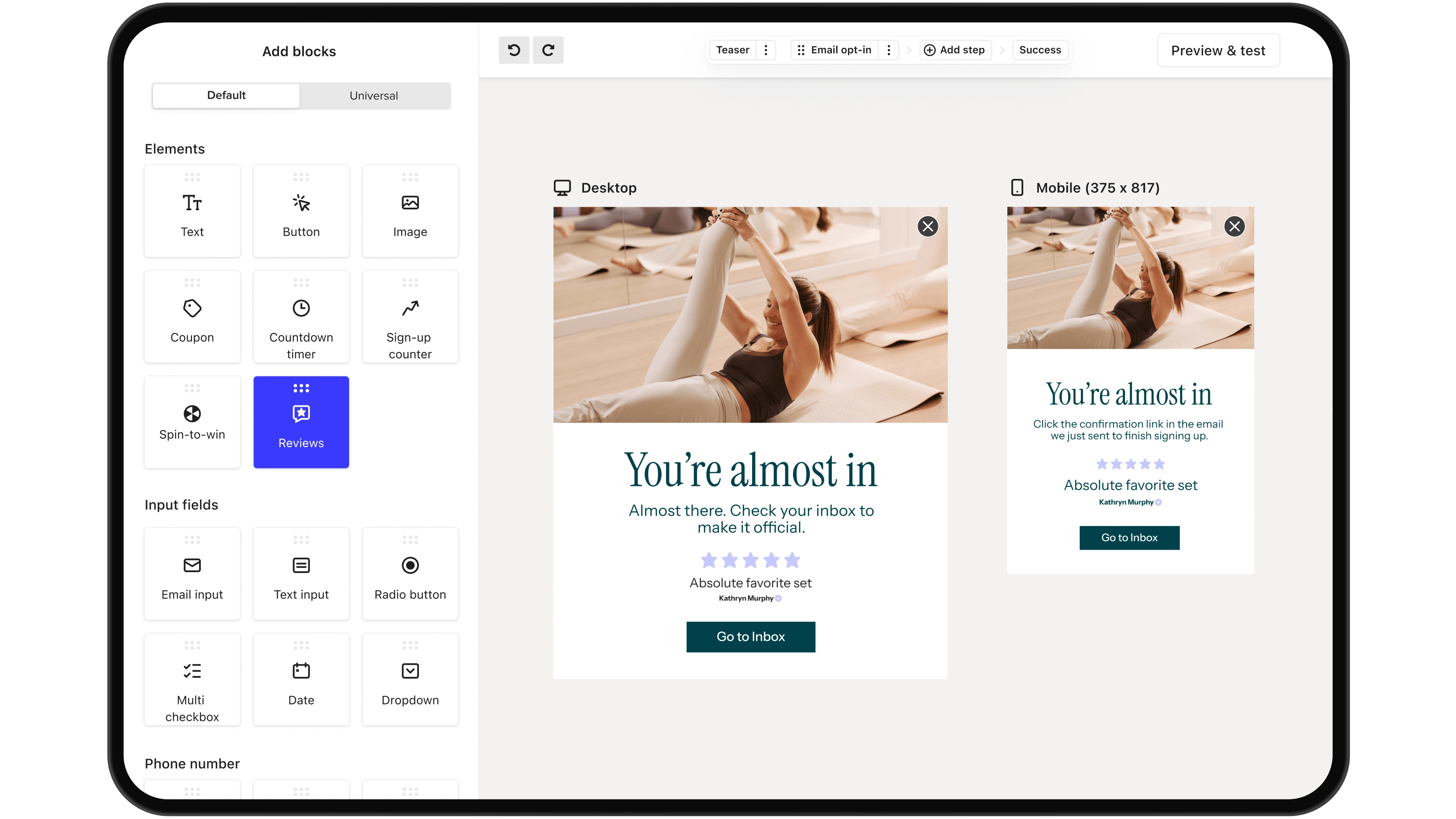 Email sign-up editor showing desktop and mobile previews with a woman stretching and confirmation message.