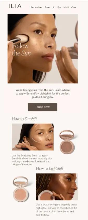 Image shows two people of various skin tones applying foundation makeup with a brush. The images below the main hero image show two people in various stages of the makeup application process, with foundation applied, but not blended, on various parts of the face, including the forehead, nose, and cheekbone. Underneath the main image, a brown CTA button read, “Shop Now”.