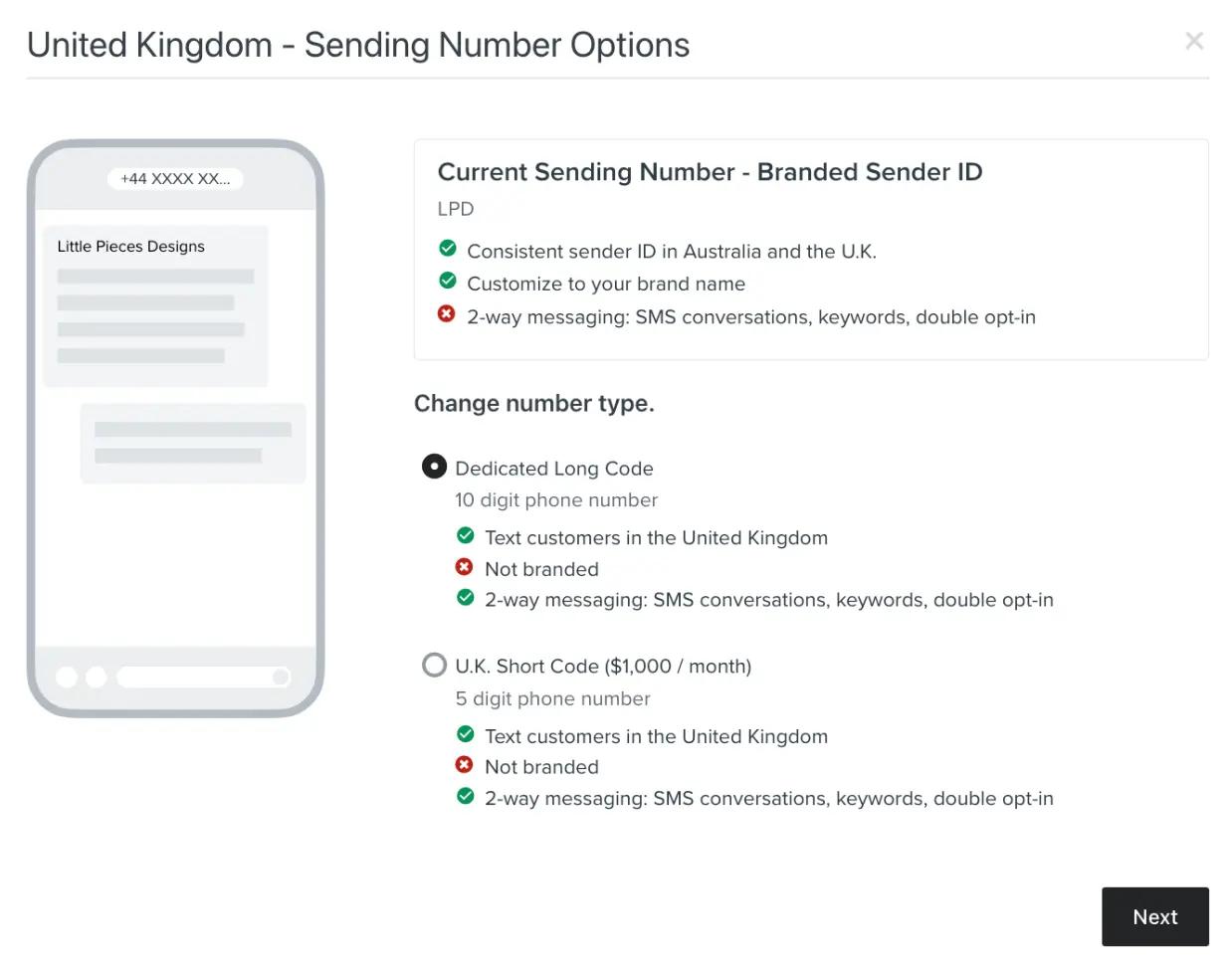 UK short code options for texting